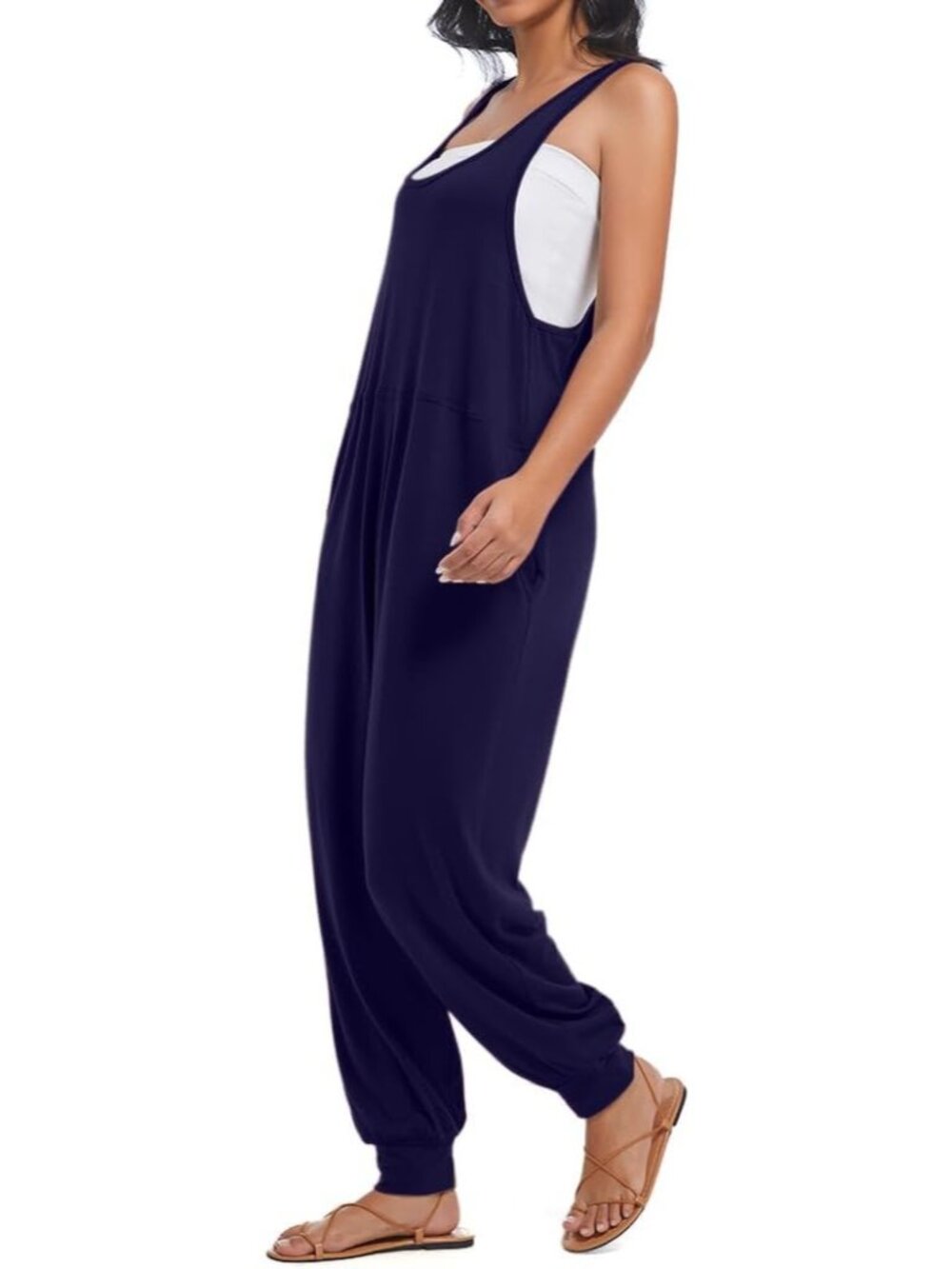 Women's Dark Blue Casual Loose Jumpsuits Harem Long Pants Sleeveless Romper - Picture 4 of 6